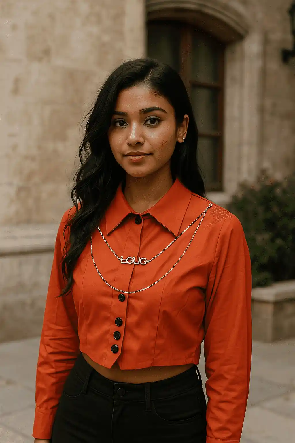 Stylish Crop Shirt - Rust Button-Down Crop Shirt