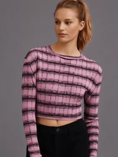 Stylish Women's Crop T shirt - Checked knit crop t- shirt