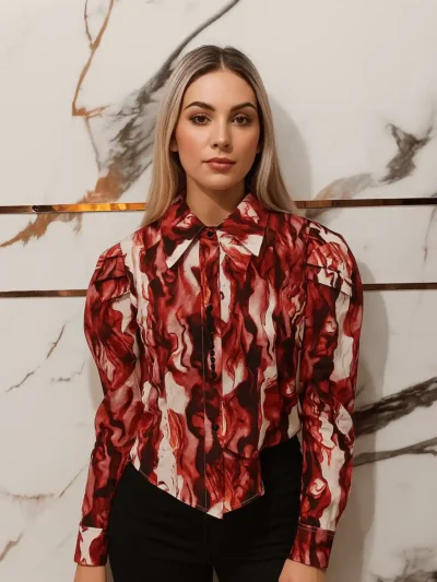 Elegant Printed Puff Sleeves - Crimson Flame Shirt