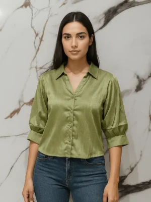 Women's Satin - Puff Sleeve Shirt