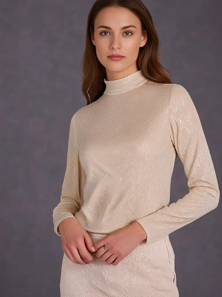 Coated Slim Rib Mock Top Stylish and comfortable High Neck T shirt - Coated Slim Rib Mock Top