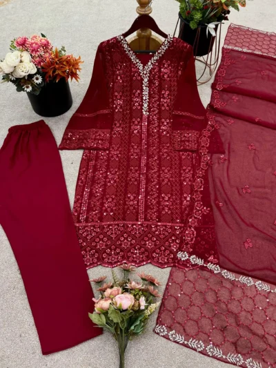 Maroon Faux Georgette With Embroidery Sequence Work With Kimono Fency Sleeve - New Designer Faux Georgett Top- Bottom