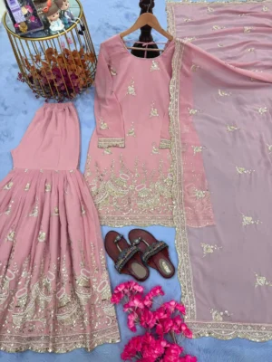 Stylish Light Pink Color - Heavy faux georgette with heavy embroidery