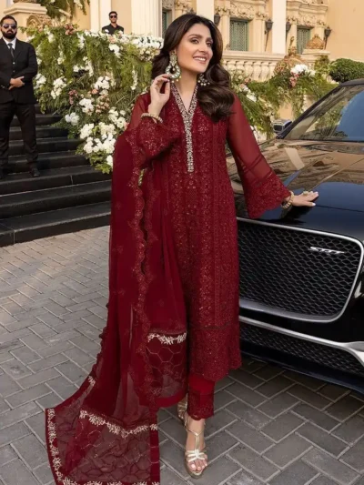 Maroon Faux Georgette With Embroidery Sequence Work With Kimono Fency Sleeve - New Designer Faux Georgett Top- Bottom