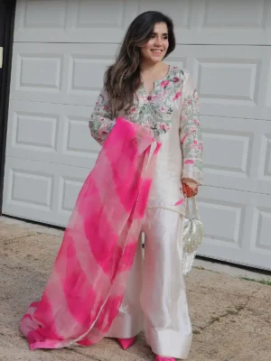 Delightful Natural Crep Silk With Embrodary Siquance Work - New Designer Farshi Pent