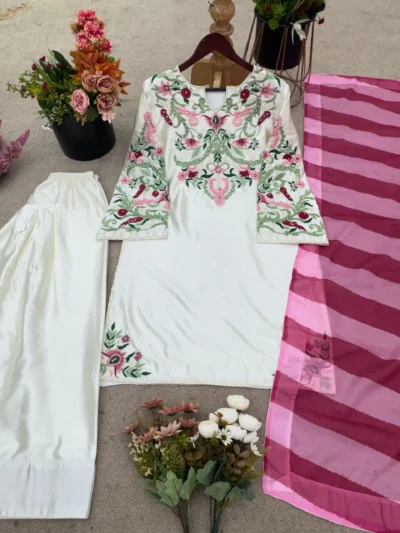 Delightful Natural Crep Silk With Embrodary Siquance Work - New Designer Farshi Pent