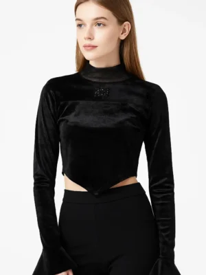 High Neck Black Velvet Crop - Velvet Charm High-Neck Top