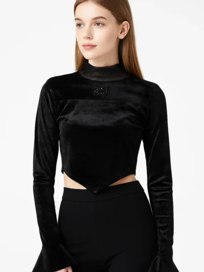 High Neck Black Velvet Crop - Velvet Charm High-Neck Top
