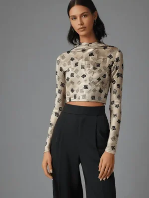 High-neck printed Crop - GeoSheer Elegance Crop T- shirt
