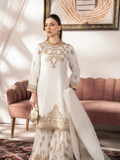 Elegant White - Presnting Embroidered Sharara Suit