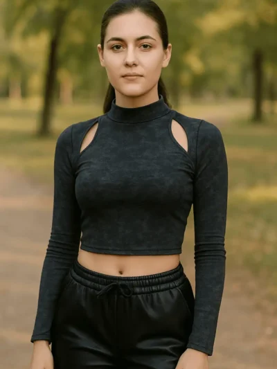 Off Shoulder High Neck Crop - Midnight Cut-Out Crop