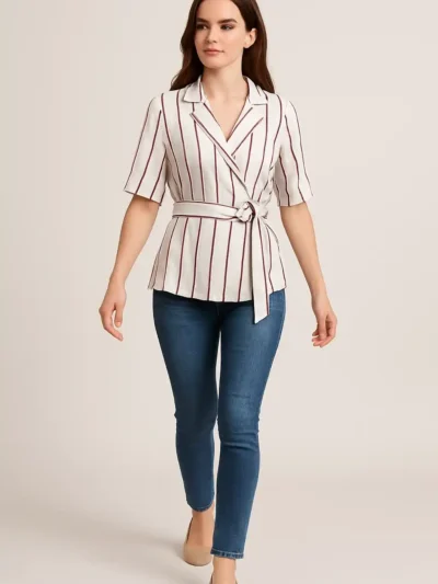 Formal Half Sleeves Blazer - Chic Striped Waist-Tie Blazer