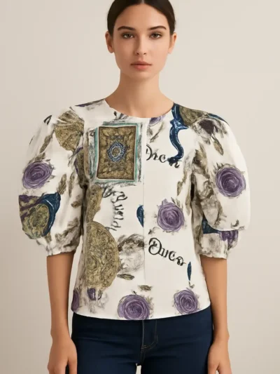Womens's Half Puff Sleeve - Art Print Puff Sleeve Top