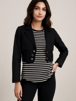 Pep Trends Full Sleeve Solid Women Jacket - Women's Black Cropped Blazer with Striped T-Shirt Set (2-Piece Outfits)