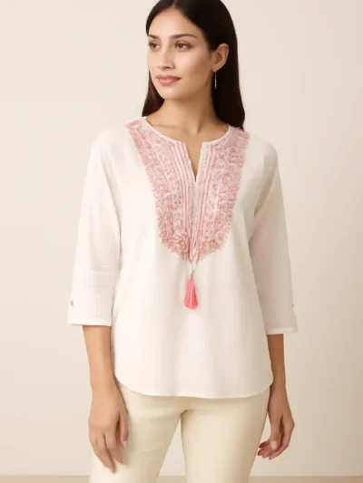 White Elegant - Embroidered Tassel Kurta Top