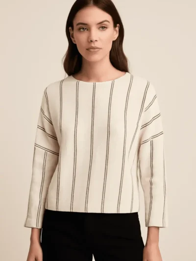 Trendy Women Round Neck White Top - Striped Structured Long Sleeve Top