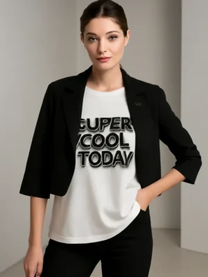 Women Solid Blazer - Women's Black Notched Lapel Cropped Blazer with 3/4 Sleeves