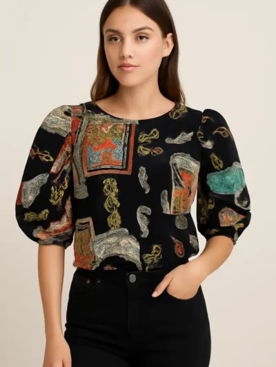 Womens's Half Puff Sleeve - Art Print Puff Sleeve Top