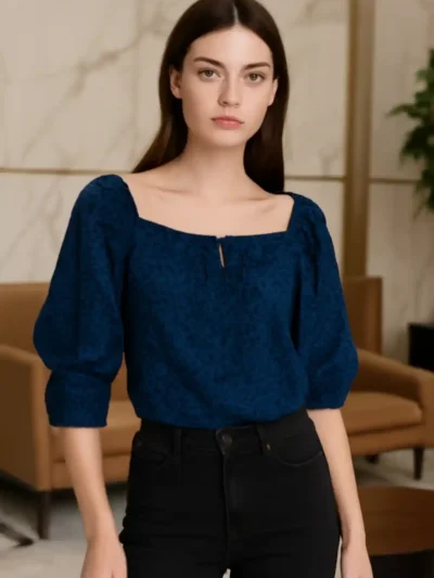 Elegant Self Design puff sleeve - Square neck top