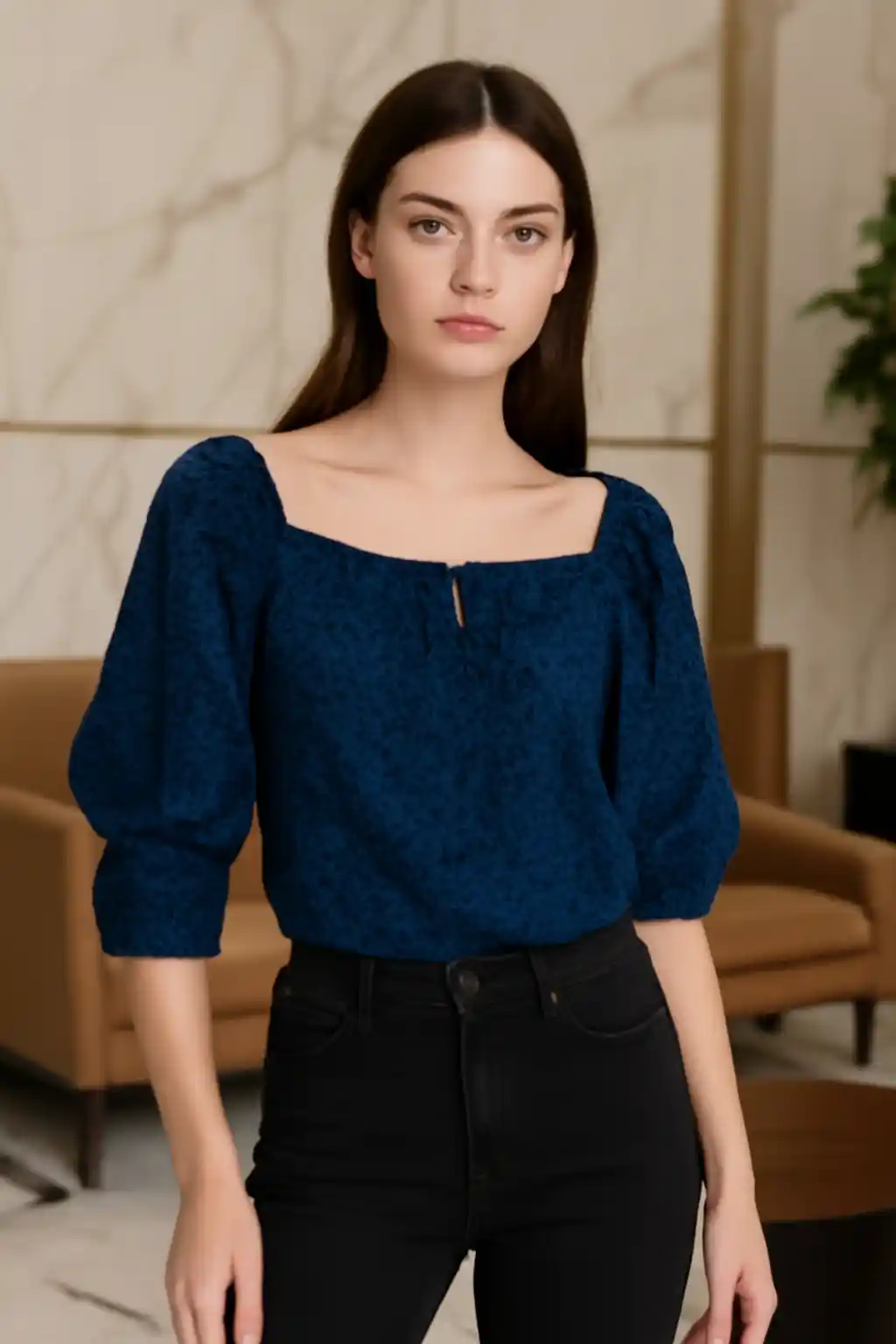 Elegant Self Design puff sleeve - Square neck top