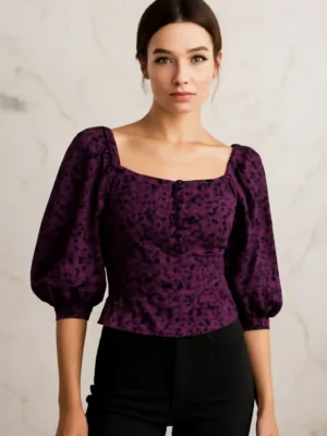 Elegant Self Design puff sleeve - Square neck top