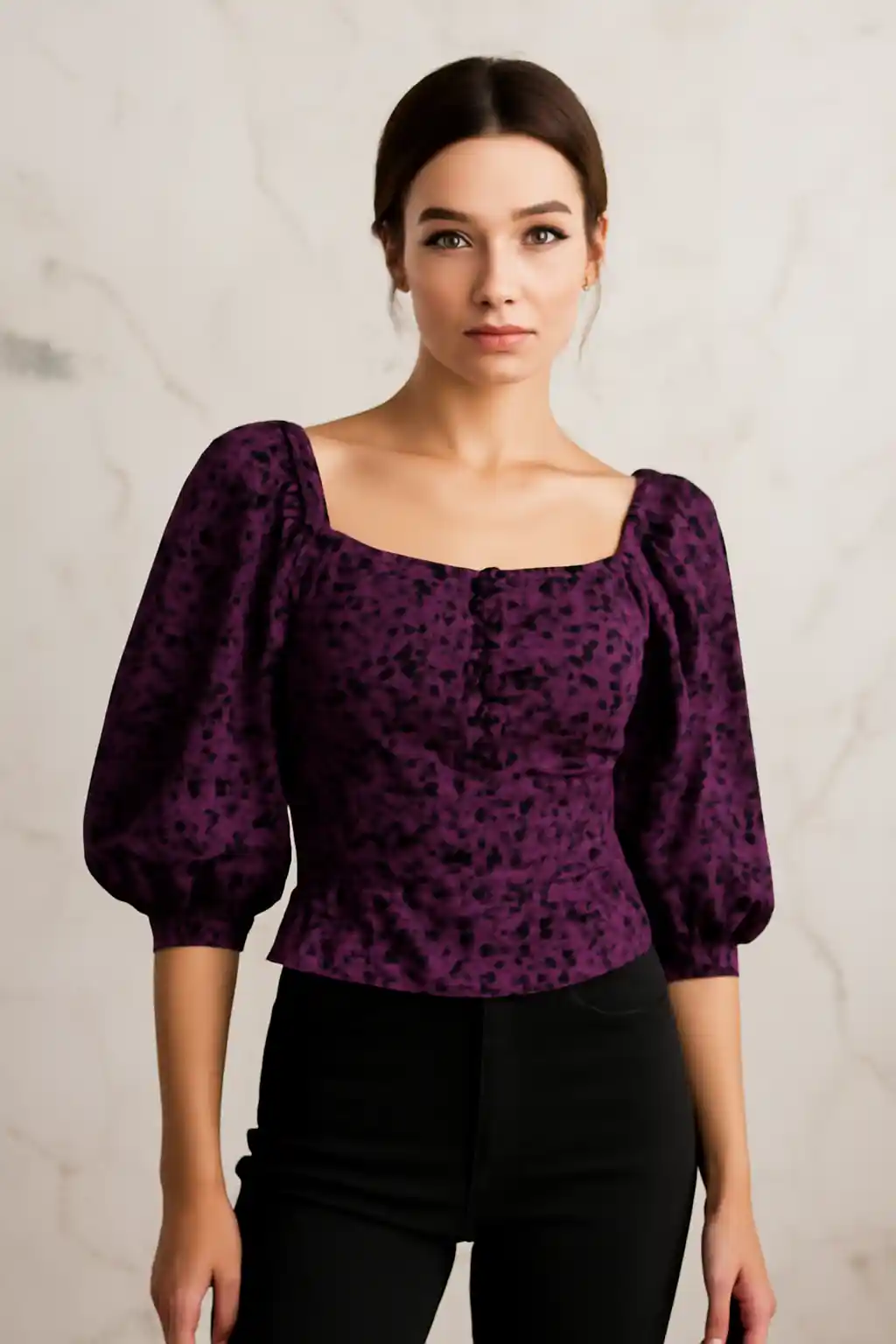Elegant Self Design puff sleeve - Square neck top