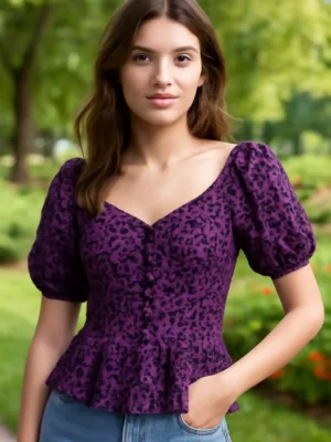 Elegant Self Design Puff Sleeves - V neckline top