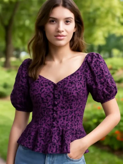 Elegant Self Design Puff Sleeves - V neckline top