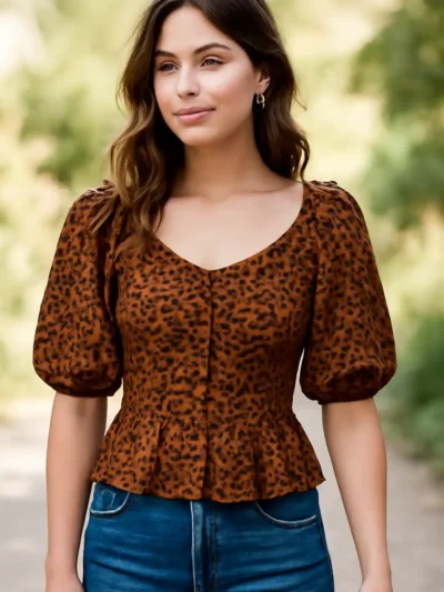 Elegant Self Design Puff Sleeves - V neckline top