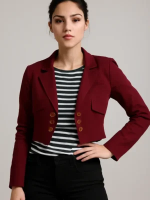 Pep Trends Full Sleeve Solid Women Jacket - Women's Maroon Cropped Blazer with Striped T-Shirt Set (2-Piece Outfits)