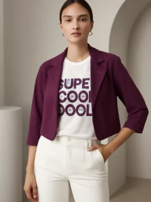 Women Solid Blazer - Women's Plum Purple Notched Lapel Cropped Blazer with 3/4 Sleeves