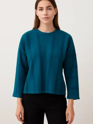 Trendy Women Round Neck White Top - Striped Structured Long Sleeve Top
