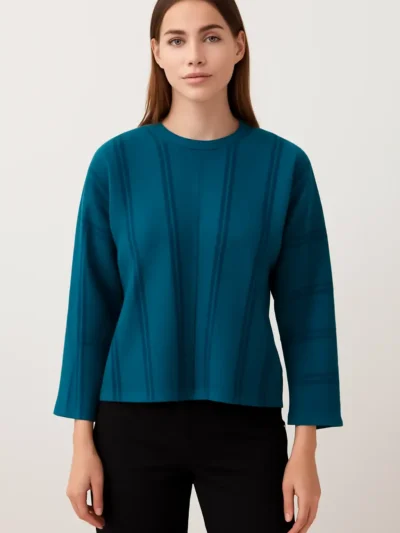 Trendy Women Round Neck White Top - Striped Structured Long Sleeve Top