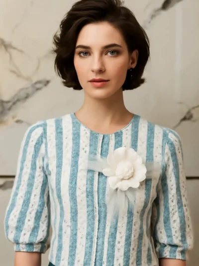 Fable Street Linen Women Top - Striped Elegance Flower Applique Top