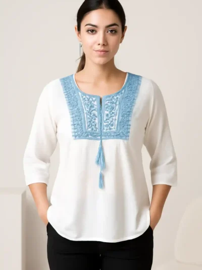 White Elegant Top - Embroidered Tassel Kurta Top