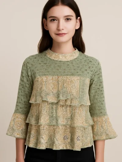 Women'sTrendy Chic lace layered top - Lace Ruffle Bell Sleeve Top