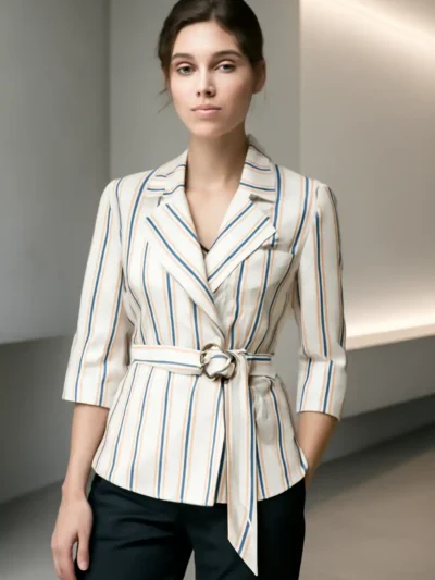 Formal Half Sleeves Blazer - Chic Striped Waist-Tie Blazer