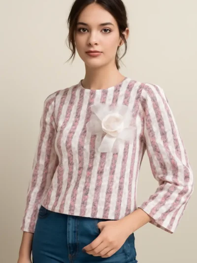 Fable Street Linen Women Top - Striped Elegance Flower Applique Top