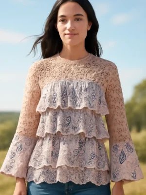 Women'sTrendy Chic lace layered top - Lace Ruffle Bell Sleeve Top