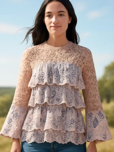 Women'sTrendy Chic lace layered top - Lace Ruffle Bell Sleeve Top