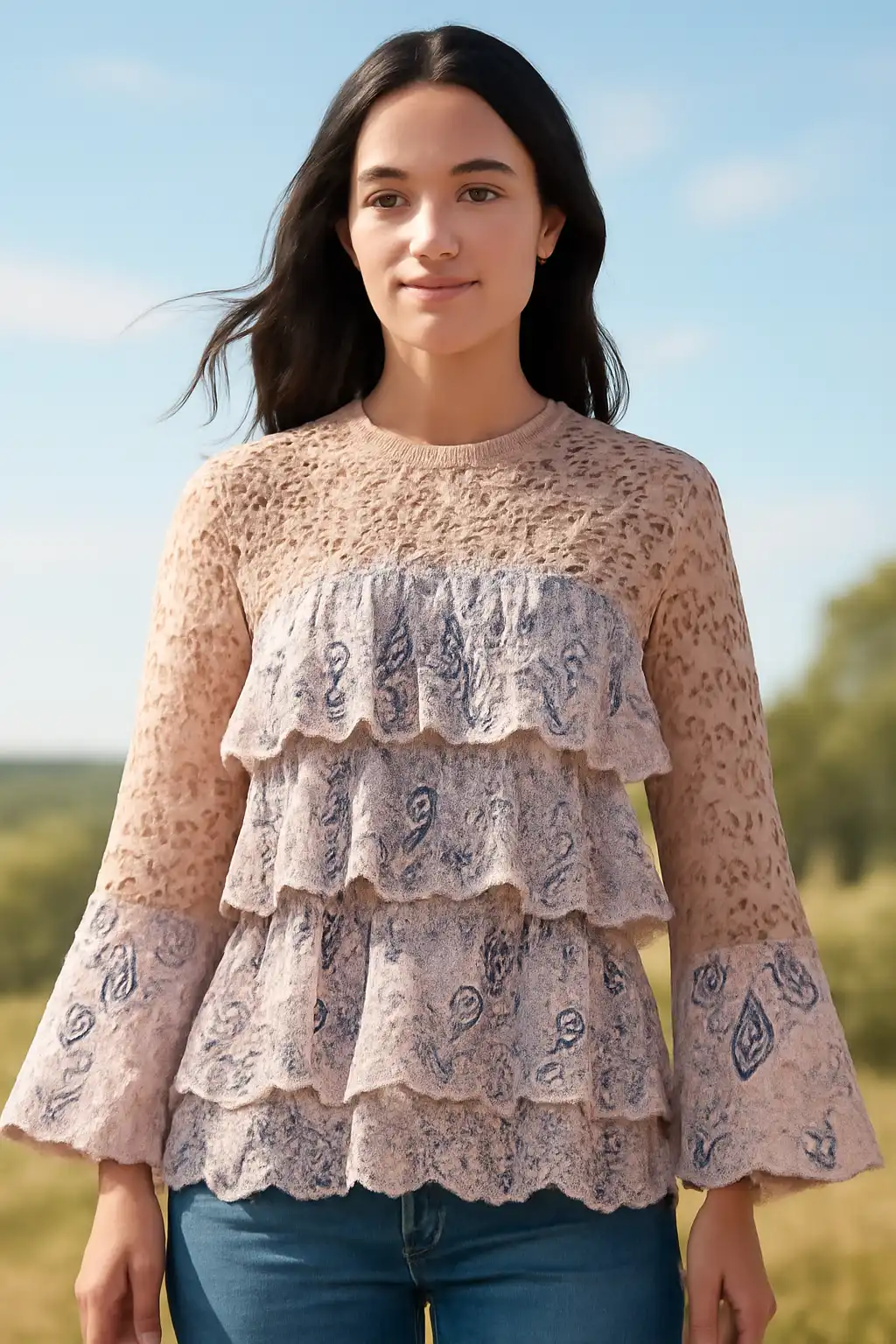 Women'sTrendy Chic lace layered top - Lace Ruffle Bell Sleeve Top