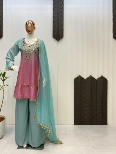 Super Elegant PRINTED CRAPE SILK - Mirror Work Palazzo Suit