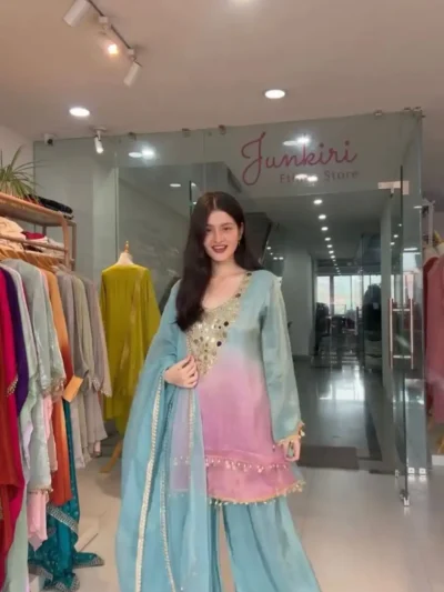 Super Elegant PRINTED CRAPE SILK - Mirror Work Palazzo Suit