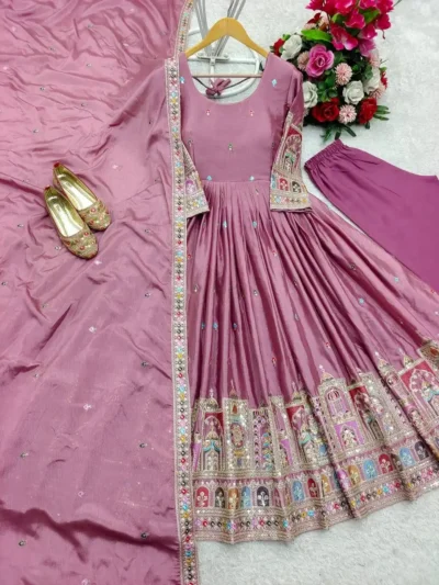 Dusty pink anarkali gown with delicate embroidery and matching dupatta - Dusty Pink Anarkali Gown with Dupatta