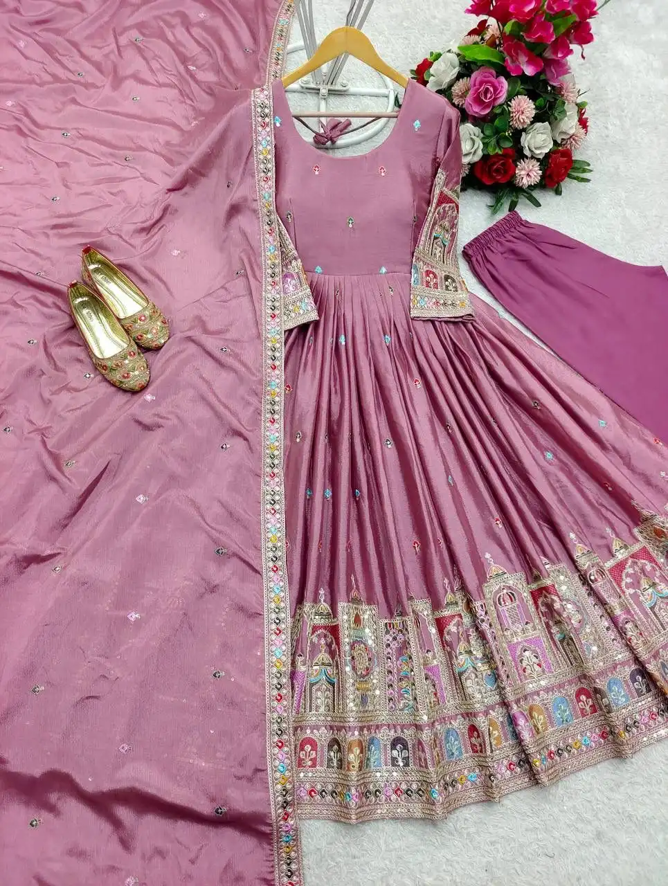 Dusty Pink Anarkali Gown with Dupatta Dusty pink anarkali gown with delicate embroidery and matching dupatta - Dusty Pink Anarkali Gown with Dupatta