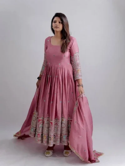Dusty pink anarkali gown with delicate embroidery and matching dupatta - Dusty Pink Anarkali Gown with Dupatta