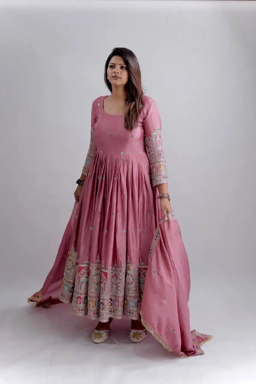 Dusty Pink Anarkali Gown with Dupatta Dusty pink anarkali gown with delicate embroidery and matching dupatta - Dusty Pink Anarkali Gown with Dupatta