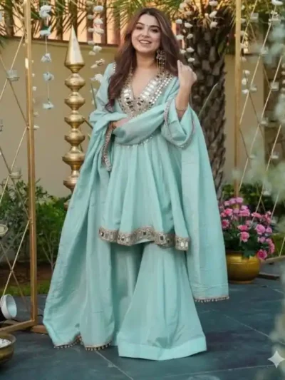 Women's Trendy Outfit - real mirror work plazzo suit