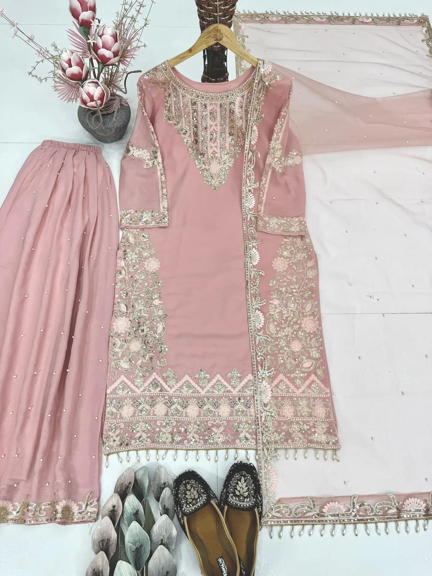 Blush Pink Sequence Work Palazzo Suit Elegant Indian party wear outfit for wedding and festive occasions - Blush Pink Sequence Work Palazzo Suit