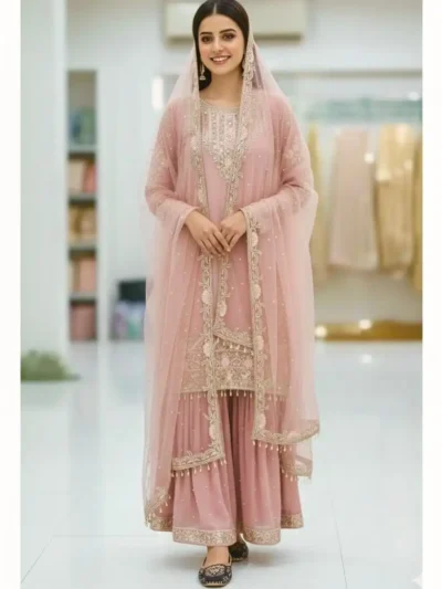 Elegant Indian party wear outfit for wedding and festive occasions - Blush Pink Sequence Work Palazzo Suit